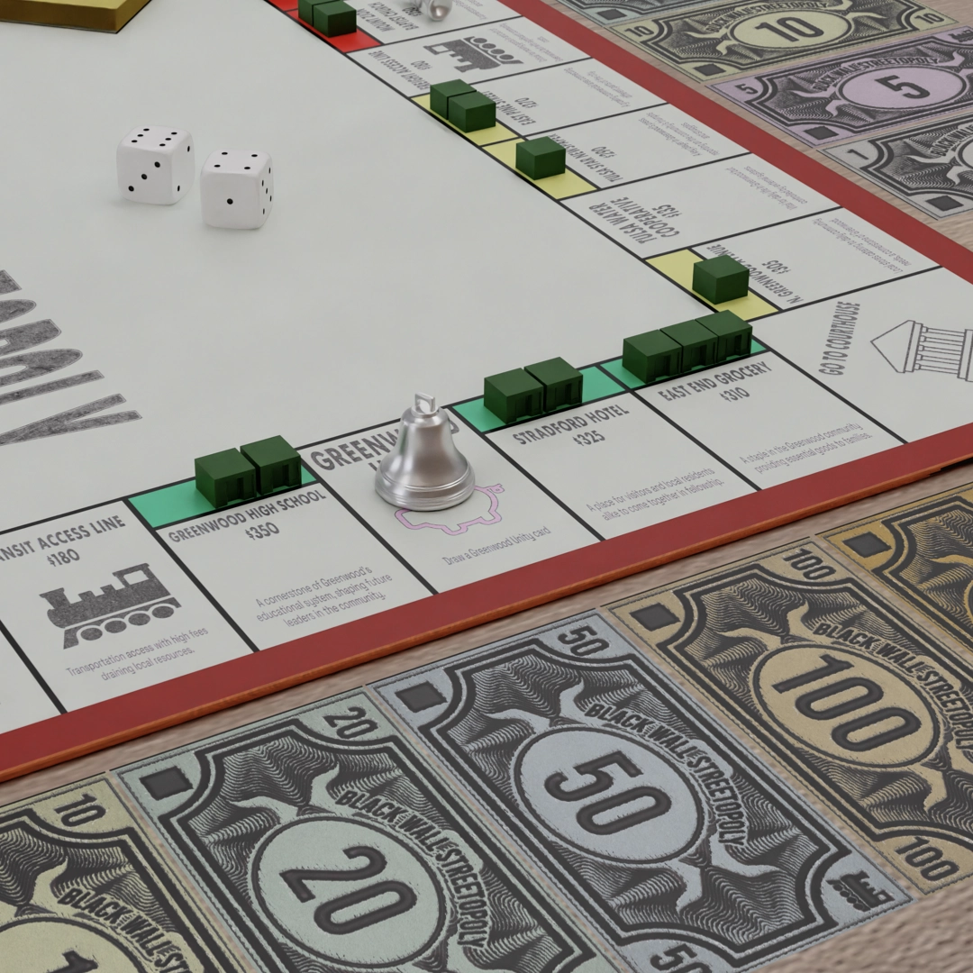 Black Wall Streetopoly gameplay showing dice, tokens, and historic Greenwood properties